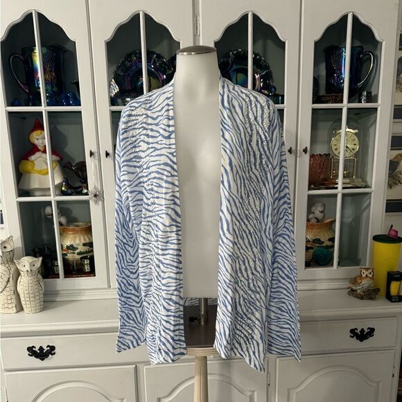 Chico’s Delaney Zebra-Striped Cardigan Blue White Size Large - Picture 1 of 12